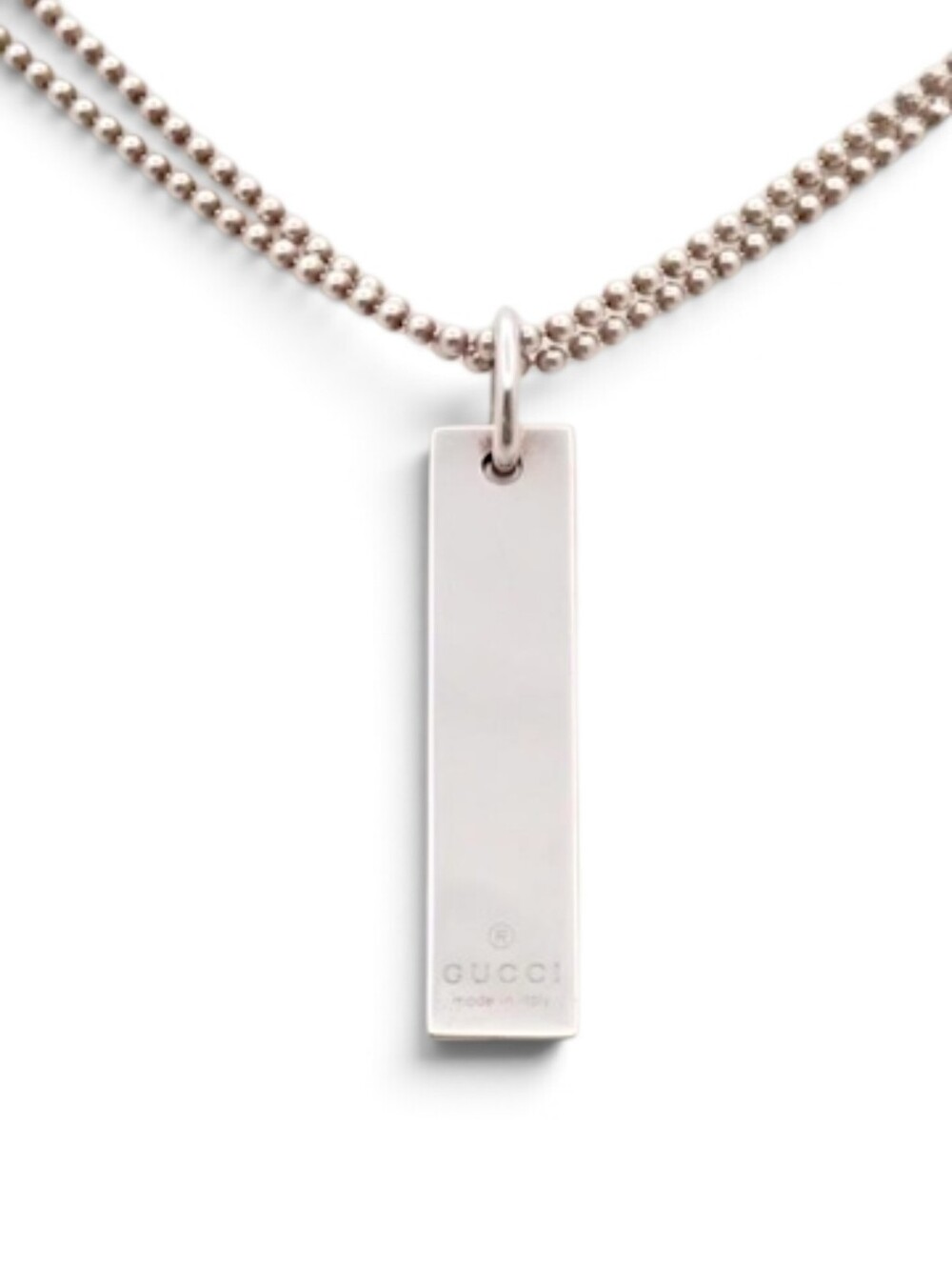 Gucci Silver Rectangular Bar Pendant Double Chain Necklace Unisex 925 Sterling